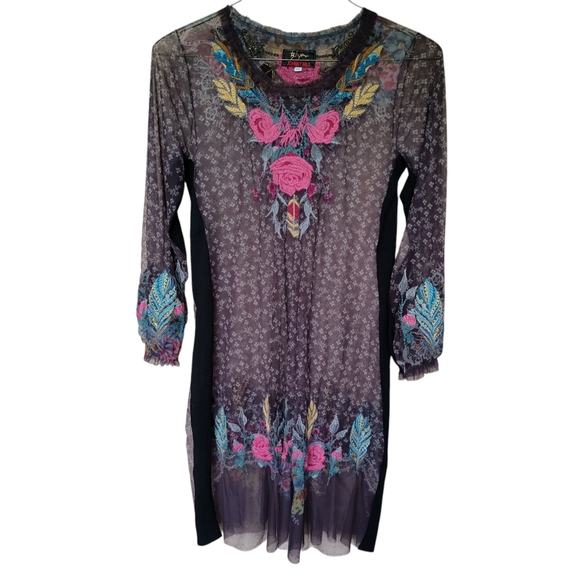 BIYA JOHNNY WAS | Sheer Mesh Floral Embroidered Balloon Sleeve Brown Dress S - Picture 1 of 16